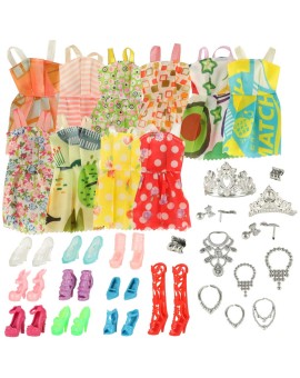 Ubranka dla lalek sukienki buciki biżuteria duży zestaw XL 34 elementy