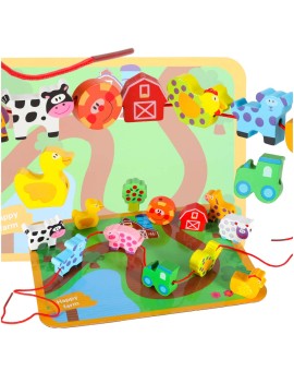 Klocki drewniane do nawlekania tablica plansza farma zwierzęta
