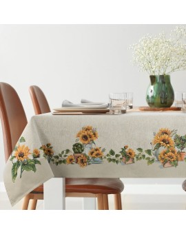 Obrus naturalno, żółty 140x180 cm gobelinowy z wzorem kwiatów słonecznika