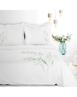 Pościel 220x200 cm bawełniana kolor biały, zielony zdobiona haftowanym wzorem listków Eurofirany Premium