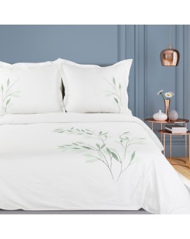 Pościel 220x200 cm bawełniana kolor biały, zielony zdobiona haftowanym wzorem listków Eurofirany Premium Eurofirany | Time- 2