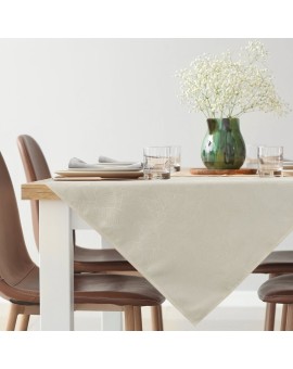 Obrus kremowo, biały 140x300 cm ISLA z żakardowym wzorem liści bananowca