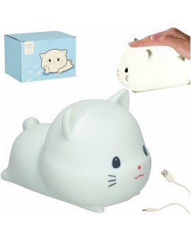 Lampka nocna dla dzieci silikonowa dotykowa miękka USB biała kotek leżący