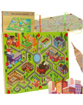 Gra labirynt magnetyczna planszowa drewniana do podróży duże miasto 2 graczy