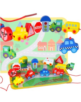 Klocki drewniane do nawlekania tablica plansza samochody pojazdy