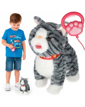 Kotek interaktywny na smyczy miauczy chodzi rusza ogonem szary