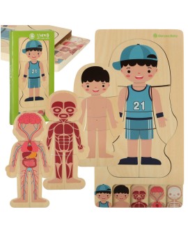 Puzzle drewniane warstwowe budowa ciała montessori chłopiec