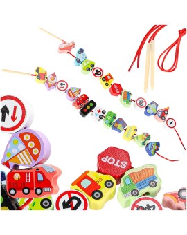 Klocki drewniane do nawlekania pojazdy znaki drogowe