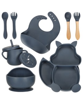 Naczynia silikonowe dla dzieci wiewiórka zestaw 9 elementów ciemny niebieski