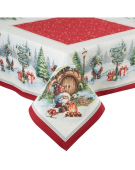 Obrus czerwono, naturalny 100x100 cm gobelinowy z motywem mikołaja w zimowej scenerii