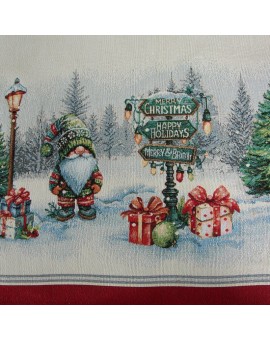 Obrus czerwono, naturalny 100x100 cm gobelinowy z motywem mikołaja w zimowej scenerii Eurofirany | Time- 2