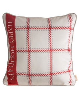 Poszewka na poduszkę 45x45 cm welwetowa świąteczna beżowo czerwona z motywem kratki i wypustką na brzegach CLARK