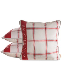 Poszewka na poduszkę 45x45 cm welwetowa świąteczna beżowo czerwona z motywem kratki i wypustką na brzegach CLARK Eurofirany | Ti
