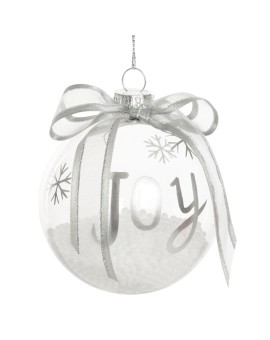 Szklana transparentna bombka z kokardą wypełniona kulkami styropianu