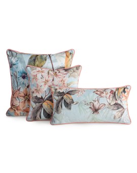 Poduszka w kształcie walca 62 x 16 cm welwetowa z kwiatowym nadrukiem i wypustką na brzegach ARLETA
