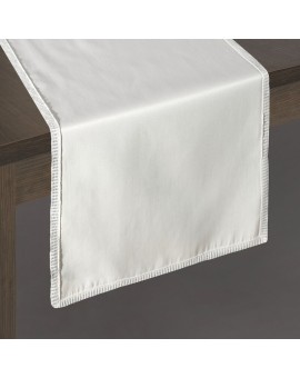 Bieżnik na stół 35x140 cm beżowy SAVONA subtelnie podkreślony wąską koronką REINA LINE