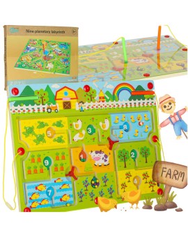 Gra labirynt magnetyczna planszowa drewniana do podróży farma 2 graczy
