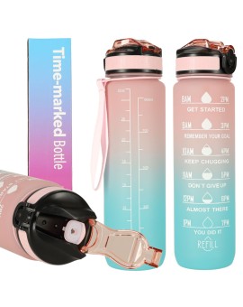 Butelka na wodę bidon ze słomką uchwytem miarką motywacyjną na siłownię BPA free Tritan 1l róż błękit