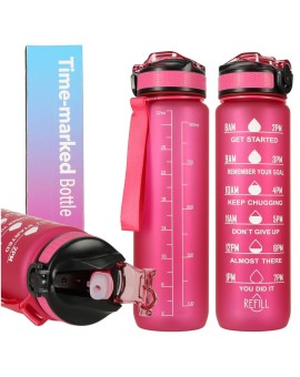Butelka na wodę bidon ze słomką uchwytem miarką motywacyjną na siłownię BPA free Tritan 1l różowa