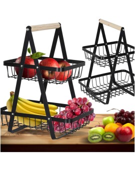 Kosz miska na owoce dwupoziomowy piętrowy metal drewno