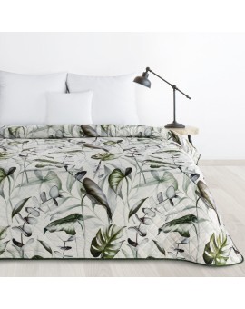 Narzuta welwetowa biało, oliwkowa 200x220 cm pikowana metodą hot press z nadrukiem liści monstery ELLEN Design 91