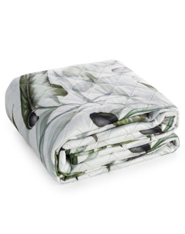 Narzuta welwetowa biało, oliwkowa 200x220 cm pikowana metodą hot press z nadrukiem liści monstery ELLEN Design 91 Eurofirany | T