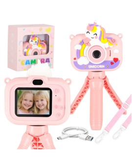 Aparat fotograficzny cyfrowy dla dzieci na statywie jednorożec różowy