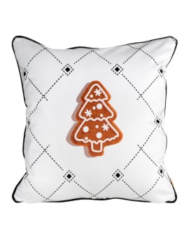 Poszewka na poduszkę 60x60 cm świąteczna z miękkiego welwetu biało brązowa z motywem piernikowej choinki JOY