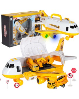 Transporter samolot rozkładany z autami + 3 auta pojazdy budowlane światła dźwięk