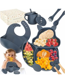 Naczynia silikonowe dla dzieci wiewiórka zestaw 9 elementów ciemny niebieski