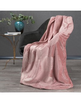 Koc flano 150x200 cm różowy miękki i miły w dotyku z błyszczącym nadrukiem z motywem liści eukaliptusa GINKO 2 Eurofirany Premiu