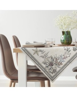 Obrus popielato, srebrny 140x180 cm gobelinowy CANDL zdobiony wzorem świątecznym