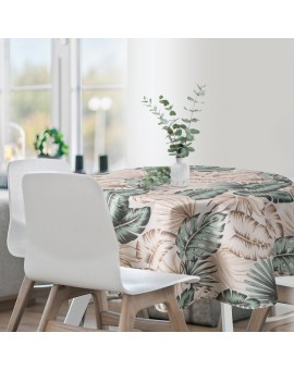 Obrus okrągły kremowo zielony średnica 150 cm wodoodporny GARDEN na taras oraz balkon z motywem egzotycznych liści