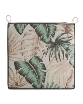 Poduszka na krzesło 42 x 42 x 4 cm wodoodporna kremowo, zielona zdobione motywem egzotycznych liści GARDEN