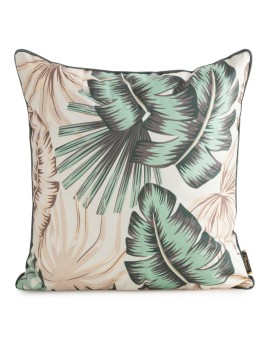 Poszewka na poduszkę 45x45 cm z tkaniny wodoodpornej kremowo, zielona idealna na taras oraz balkon z motywem egzotycznych liści 