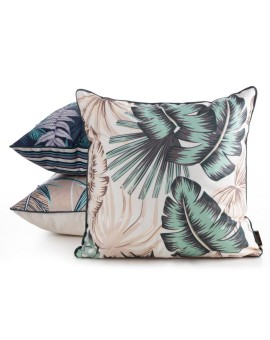 Poszewka na poduszkę 45x45 cm z tkaniny wodoodpornej kremowo, zielona idealna na taras oraz balkon z motywem egzotycznych liści 