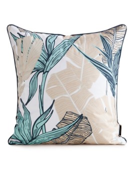 Poszewka na poduszkę 45x45 cm z tkaniny wodoodpornej turkusowo, beżowa idealna na taras oraz balkon z motywem liści bananowca GA