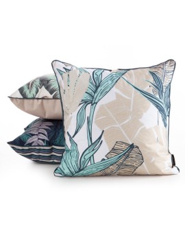 Poszewka na poduszkę 45x45 cm z tkaniny wodoodpornej turkusowo, beżowa idealna na taras oraz balkon z motywem liści bananowca GA