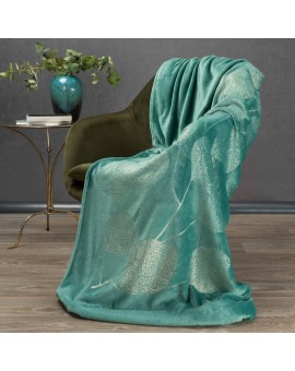 Koc flano 150x200 cm turkusowy miękki i miły w dotyku z błyszczącym nadrukiem z motywem liści eukaliptusa GINKO 2 Eurofirany Pre