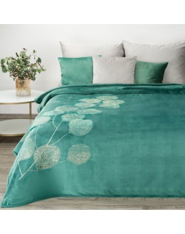 Koc flano 150x200 cm turkusowy miękki i miły w dotyku z błyszczącym nadrukiem z motywem liści eukaliptusa GINKO 2 Eurofirany Pre