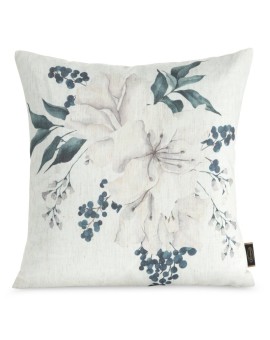 Poszewka na poduszkę 45x45 cm o strukturze lnu nadrukiem subtelnych kwiatów beżowo, zielona LEN