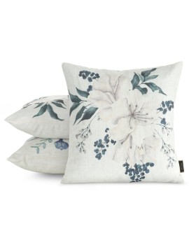 Poszewka na poduszkę 45x45 cm o strukturze lnu nadrukiem subtelnych kwiatów beżowo, zielona LEN Eurofirany | Time- 2