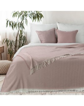 Koc bawełniano-akrylowy 180x220 cm różowo, kremowy zdobiony geometrycznym wzorem PLED Eurofirany | Time- 2