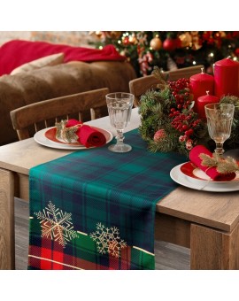 Bieżnik na stół zielono, czerwony 40x140 cm STAR z motywem kraty i śnieżynek