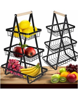 Kosz na owoce i warzywa piętrowy patera trzypoziomowa metal drewno