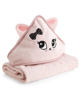 Ręcznik kąpielowy dziecięcy 100x100 cm bawełniany kolor różowy z kapturem i aplikacją uroczego kotka 450 g/m2 BABY 72