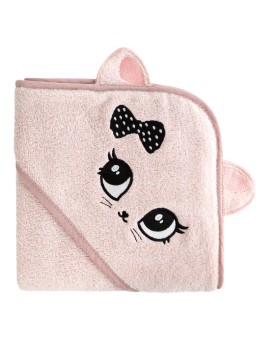 Ręcznik kąpielowy dziecięcy 100x100 cm bawełniany kolor różowy z kapturem i aplikacją uroczego kotka 450 g/m2 BABY 72 Eurofirany
