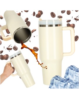 Kubek termiczny ze słomką i uchwytem termos 1200ml kremowy