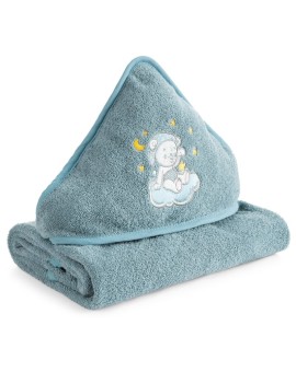Ręcznik kąpielowy 100x100 cm bawełniany kolor niebieski z kapturem i aplikacją misia 450 g/m2 BABY 75