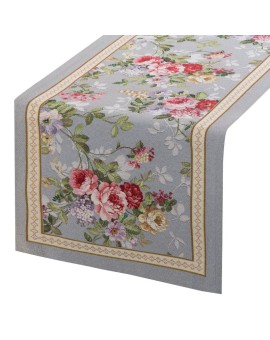 Bieżnik na stół popielato, czerwony 40x100 cm gobelinowy zdobiony motywem kwiatów Eurofirany | Time- 2